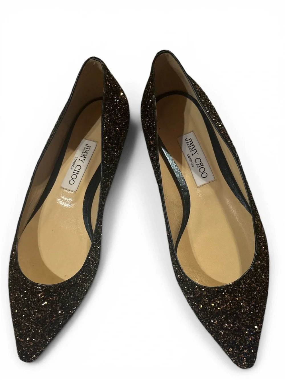 Jimmy Choo Women's Black Glitter Pointed Toe Romy Flats size 39 1/2 NWT’s & box!